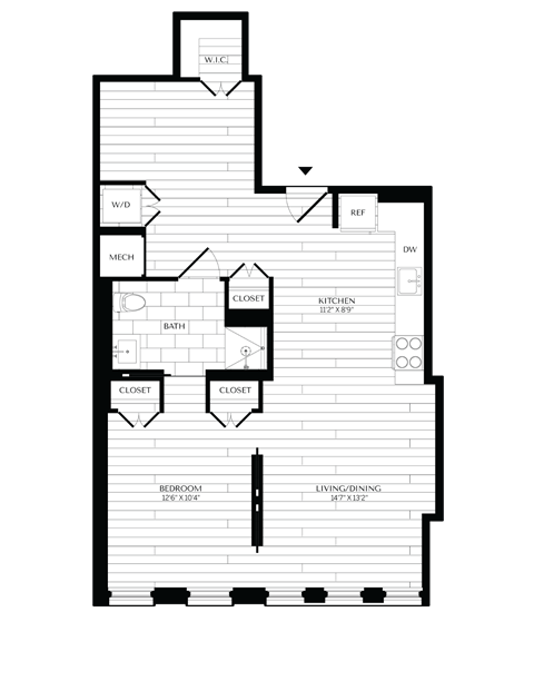 Floor plan for 1 bed, 1 bath, 872 sqft